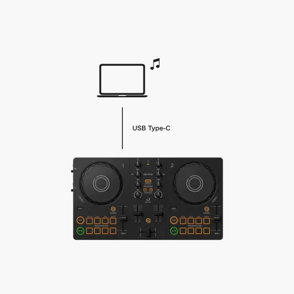 Smartphone and speaker setup Connect your smartphone/tablet to the DDJ-FLX2 via the USB Type-C cable. Play your mix through the speaker(s) connected to the DDJ-FLX2 via an audio cable. What you need ・Smartphone/tablet ・DDJ-FLX2 ・Speaker(s) (compatible with a wired connection) ・USB Type-C cable (included with the DDJ-FLX2)