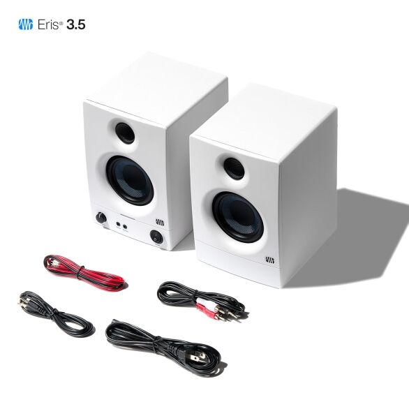 PreSonus Eris 3.5 2nd Gen HD Professional Studio Monitors with 3.5" Woven Composite Woofer, 1" Silk-Dome Tweeter, 50W Class AB Power and Tuning Controls (Auxillary) - Pair (White)