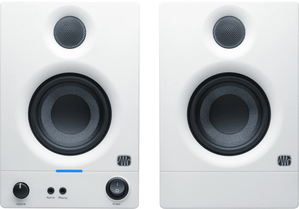 PreSonus Eris 3.5 2nd Gen HD Professional Studio Monitors with 3.5" Woven Composite Woofer, 1" Silk-Dome Tweeter, 50W Class AB Power and Tuning Controls (Auxillary) - Pair (White)