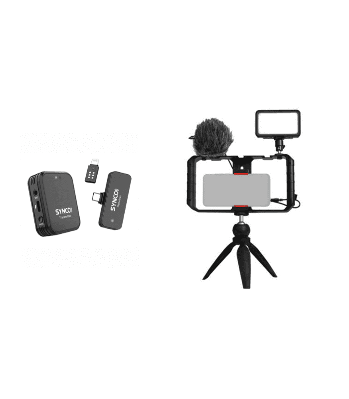 g1t1-vloggerkit1 سينكو - ميكروفون لاسلكي صغير للجوّالات جي ١ تي/أل + عدّة مدوّن الفيديو ١ - الصورة 1