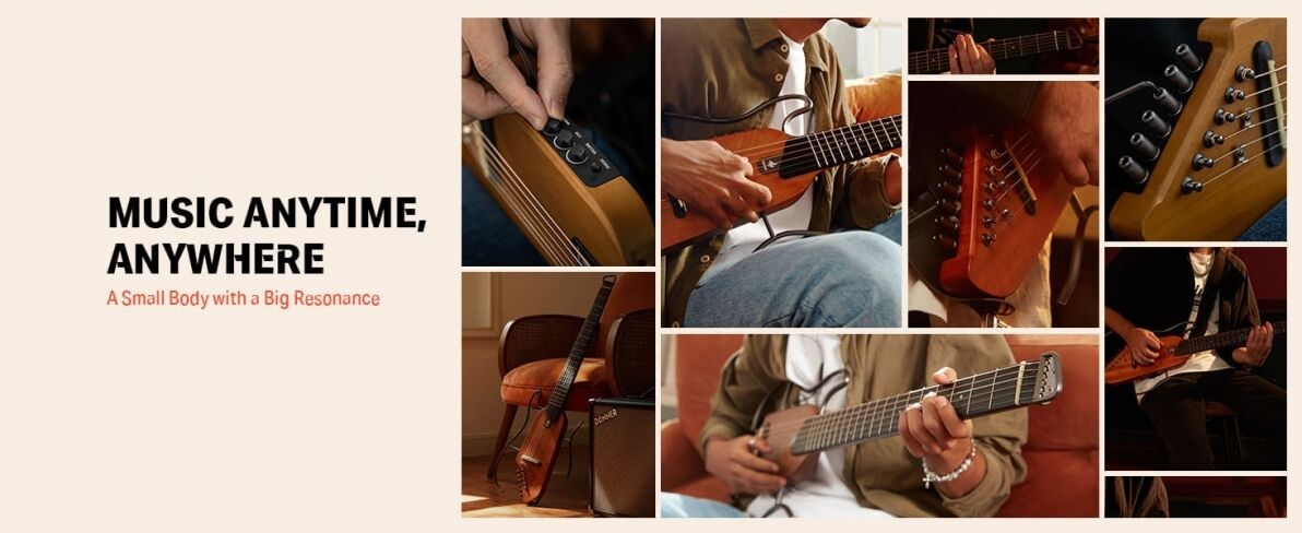Donner HUSH-I Guitar For Travel - Portable Ultra-Light and Quiet Performance Headless Acoustic-Electric Guitar, Mahogany Body with Removable Frames, Gig Bag,and Accessories