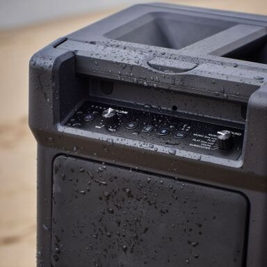 Battery power and waterproof design for outdoor events A full battery charge gives you 8 hours of music on the WAVE-EIGHT so you can keep the tunes going throughout the evening and night. The unit is also waterproof, with an IPX4 rating, so it’s ideal for using outdoors. And, if you need to charge your phone or another device, you can plug it into the USB Type-C port.