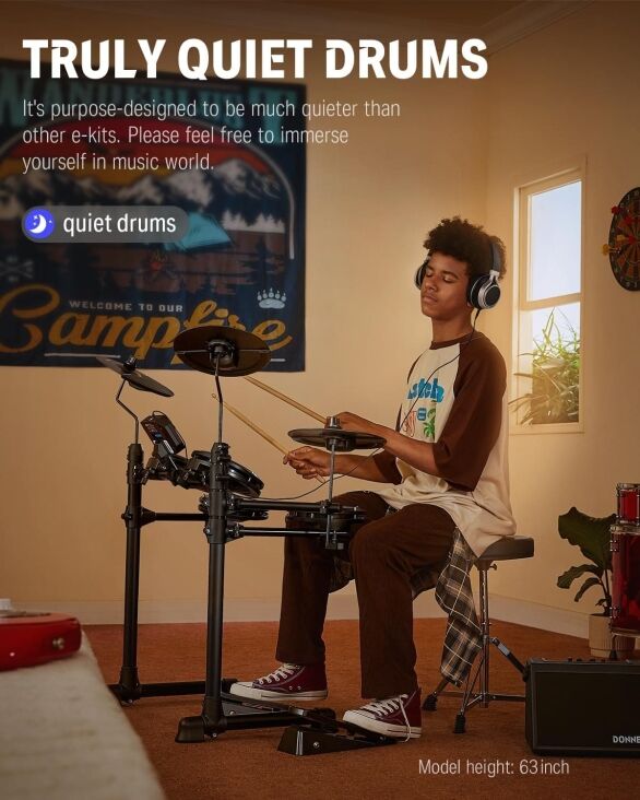 Donner DED-80 Electric Drum Kit, Electronic Drum Sets for Beginner with 4 Quiet Mesh Drum Pads, 2 Switch Pedal, 180+ Sounds, Throne, On-Ear Headphones, Sticks, and Melodics Lessons Included Black