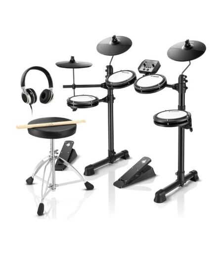 Donner DED-80 Electric Drum Kit, Electronic Drum Sets for Beginner with 4 Quiet Mesh Drum Pads, 2 Switch Pedal, 180+ Sounds, Throne, On-Ear Headphones, Sticks, and Melodics Lessons Included Black