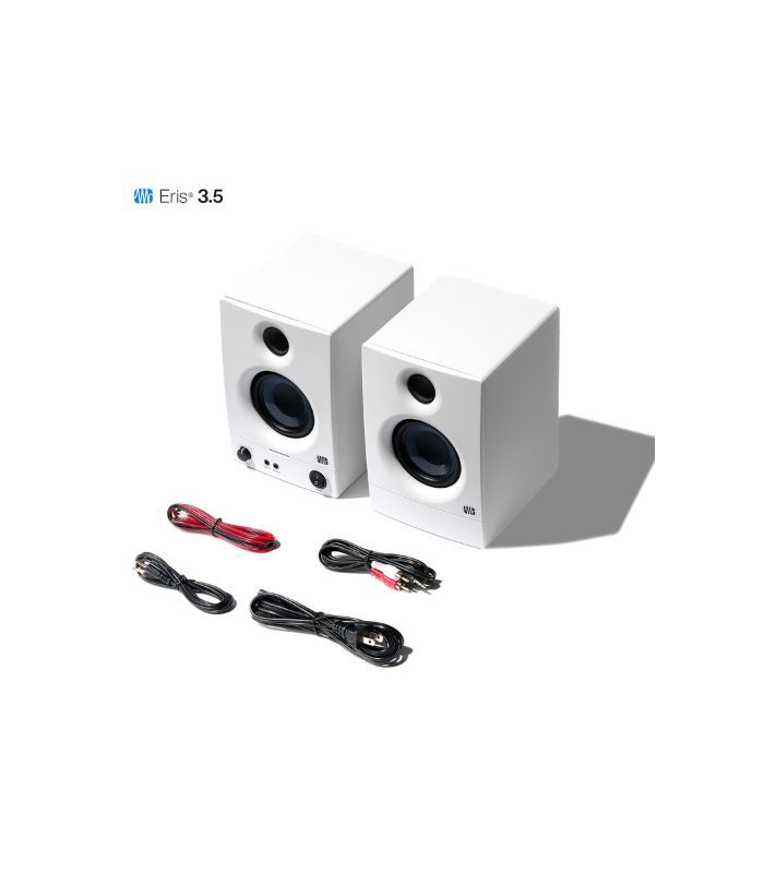PreSonus Eris 3.5 2nd Gen HD Professional Studio Monitors with 3.5" Woven Composite Woofer, 1" Silk-Dome Tweeter, 50W Class AB Power and Tuning Controls (Auxillary) - Pair (White)