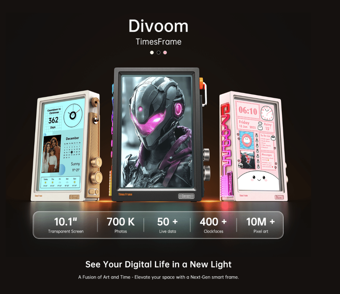 Divoom Times Frame-10.1" Digital Picture Frame Transparent IPS Smart Linux OS with RGBLED Rotary Knob WiFi 64GB 400+Clock Faces Widget 50+API Feeds Gift Mode Pixel Art Community Personalized Display