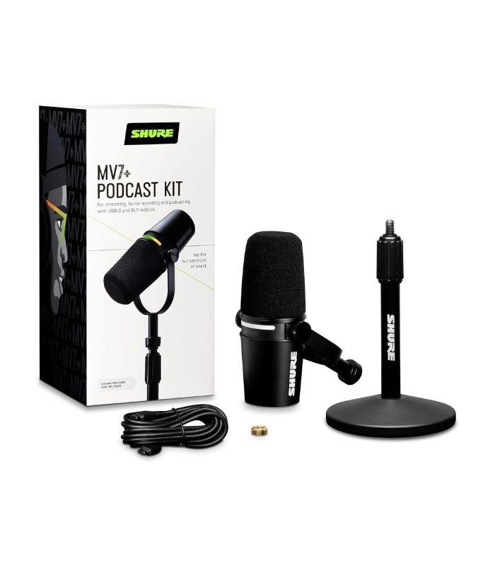 Shure MV7+ Podcast Microphone Bundle, Enhanced Audio, LED Touch Panel, USB-C & XLR Outputs, Auto Level Mode, Digital Pop Filter, Reverb Effects, Podcasting, Streaming, Recording - Black
