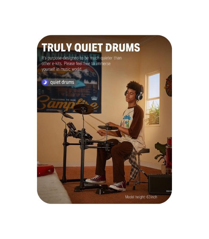 Donner DED-80 Electric Drum Kit, Electronic Drum Sets for Beginner with 4 Quiet Mesh Drum Pads, 2 Switch Pedal, 180+ Sounds, Throne, On-Ear Headphones, Sticks, and Melodics Lessons Included Black