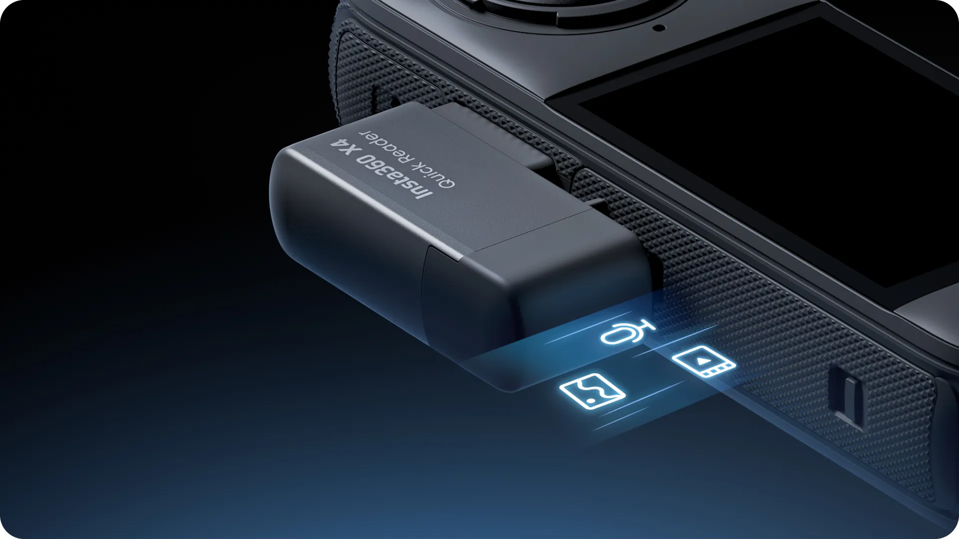 Convenient external storage. Acts as an independent storage module when connected to your camera. Footage will be stored in the Quick Reader first, increasing storage space on the camera.