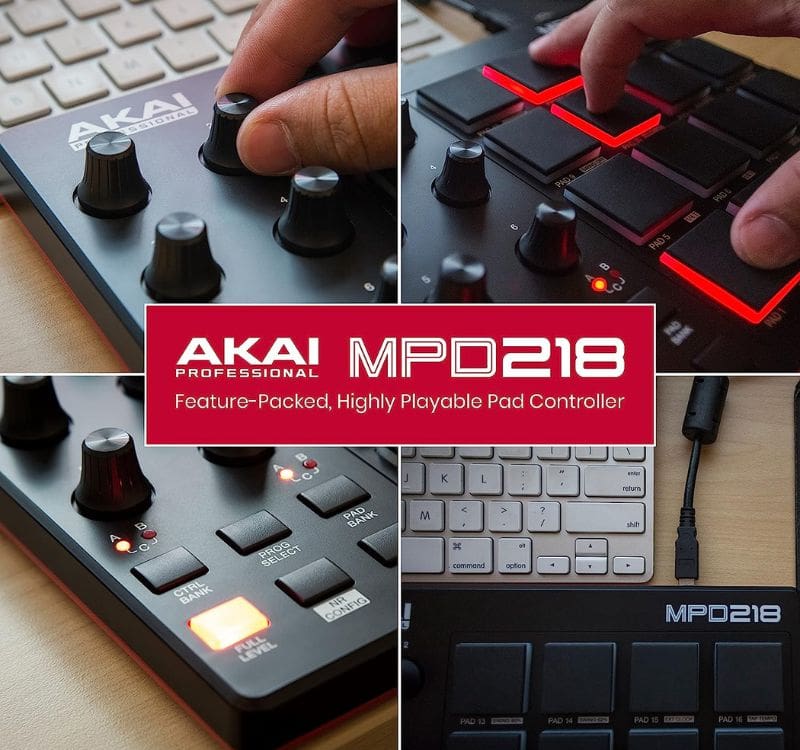 Akai Professional MPD218 UltraPortable USB BusPowered 16Pad USB/MIDI Pad Controller with MPC Pads, 6 Assignable Knobs, Note Repeat & Full Level Buttons, and Production Software Package Included, Black