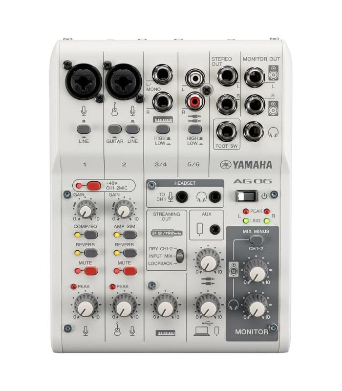Yamaha White 6 Channel Live Streaming Mixer/USB Interface for IOS/Mac/PC, AG06MK2 W
