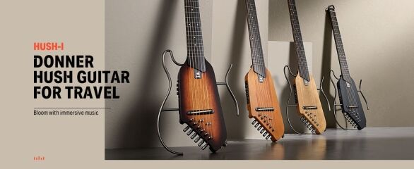 Donner HUSH-I Guitar For Travel - Portable Ultra-Light and Quiet Performance Headless Acoustic-Electric Guitar, Mahogany Body with Removable Frames, Gig Bag,and Accessories
