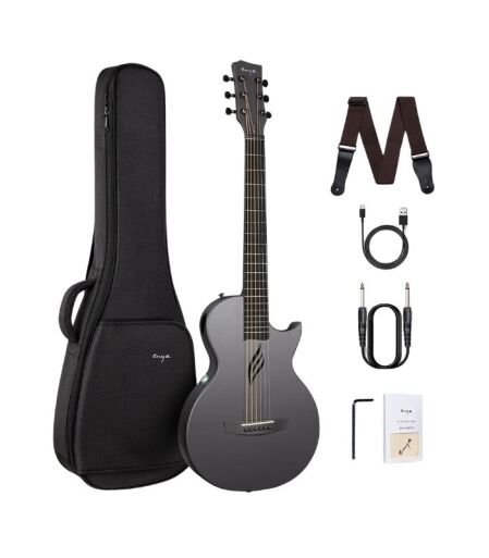 Enya NOVA Go SP1 Carbon Fiber Acoustic Electric Guitar with Smart AcousticPlus 35 Inch Travel Acustica Guitarra Starter Bundle Kit of Gig Bag, Strap, Strings, Charging Cable, Instrument Cable(