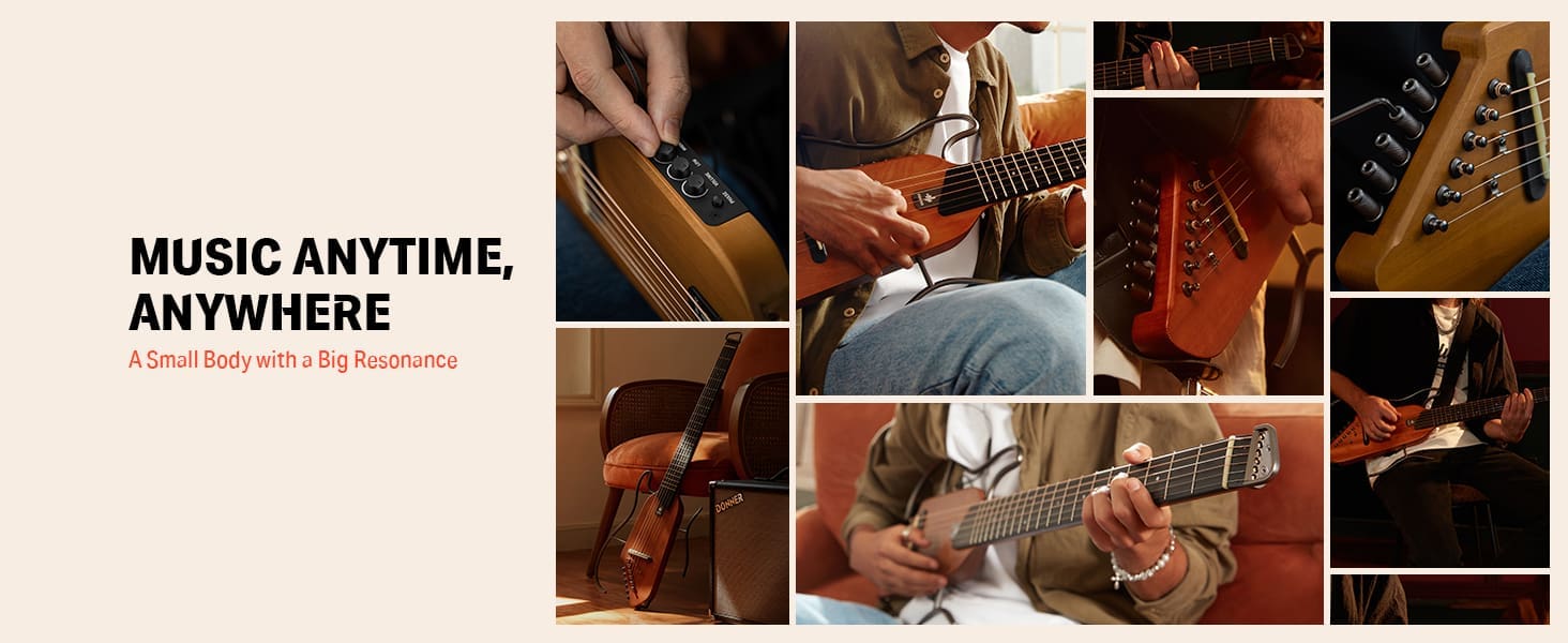 Donner HUSH-I Guitar For Travel - Portable Ultra-Light and Quiet Performance Headless Acoustic-Electric Guitar, Mahogany Body with Removable Frames, Gig Bag,and Accessories