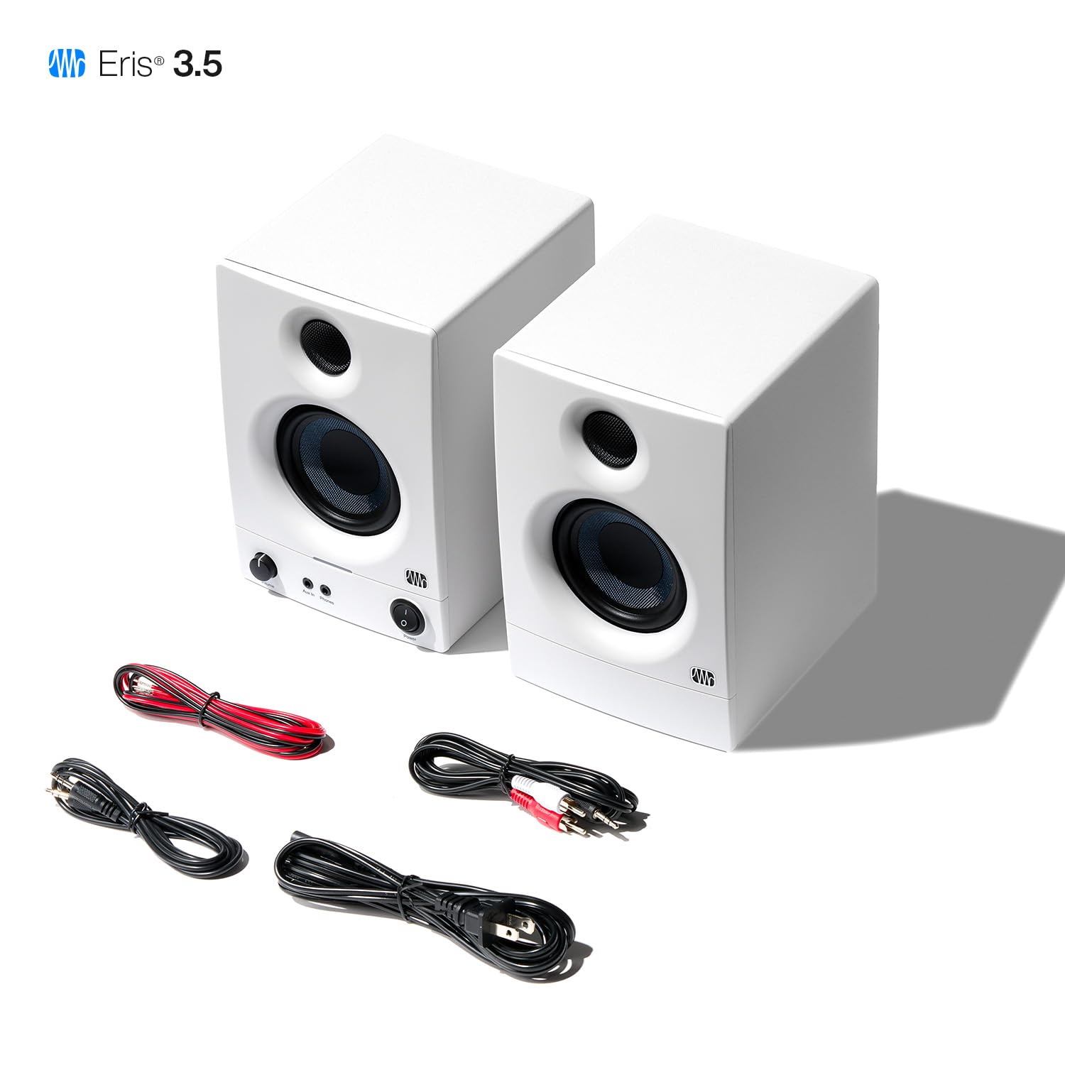PreSonus Eris 3.5 2nd Gen HD Professional Studio Monitors with 3.5" Woven Composite Woofer, 1" Silk-Dome Tweeter, 50W Class AB Power and Tuning Controls (Auxillary) - Pair (White)