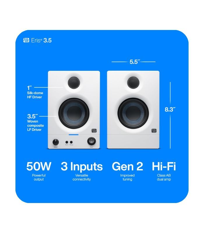 PreSonus Eris 3.5 2nd Gen HD Professional Studio Monitors with 3.5" Woven Composite Woofer, 1" Silk-Dome Tweeter, 50W Class AB Power and Tuning Controls (Auxillary) - Pair (White)