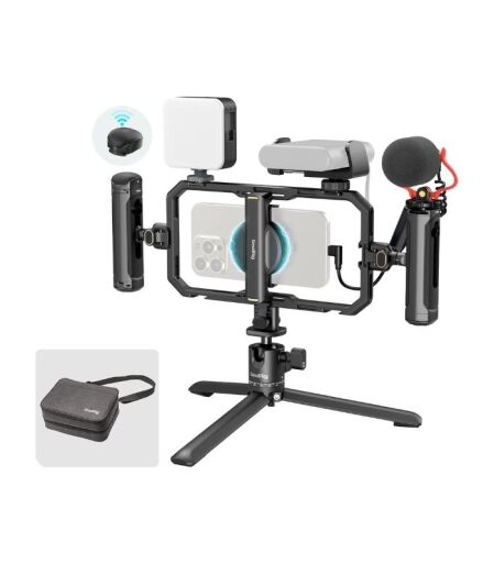 smallrig4704-01 SmallRig All-in-One Universal Quick Release Phone Video Rig Kit Pro, Phone Stabilizer Rig Kit with LED Light Microphone QR Tripod Dual Handles Power Bank Holder, for Creator & Live Streaming - 4704