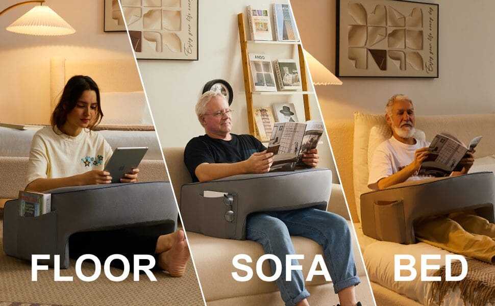 This can be used as a reading pillow for lap desk for sitting in bed, sofa, floor and low plush carpet