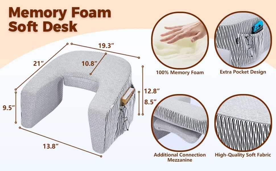 Lap Desk Pillow for Bed, Soft Arm Rest Pillow, Lap Pillow for Reading, Crocheting Support, Memory Foam Reading Pillow for Reading, Working in Bed Couch(Ash Grey)