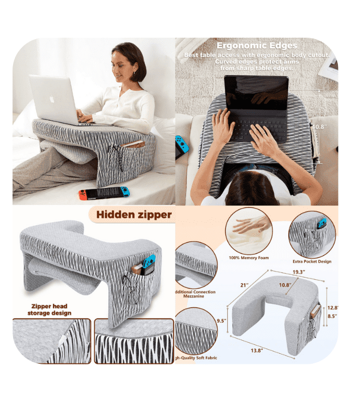 Lap Desk Pillow for Bed, Soft Arm Rest Pillow, Lap Pillow for Reading, Crocheting Support, Memory Foam Reading Pillow for Reading, Working in Bed Couch(Ash Grey)