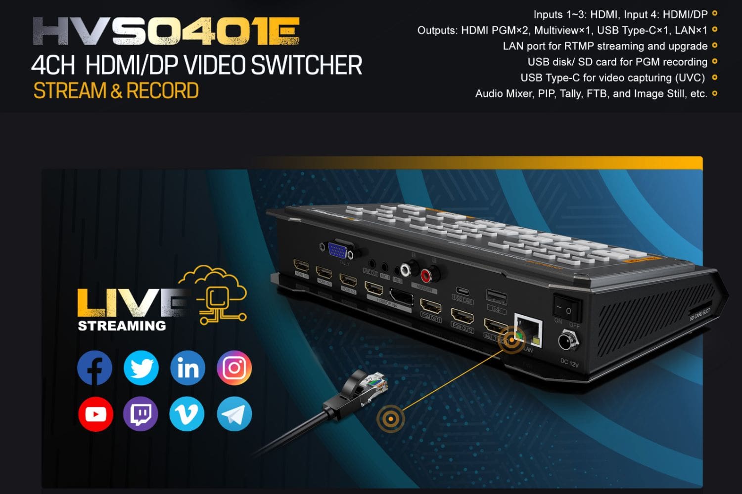 AVMATRIX HVS0401E Micro 4 Channel HDMI DP Video Switcher Mixer 4 Channel Inputs with RTMP Live Streaming and Record