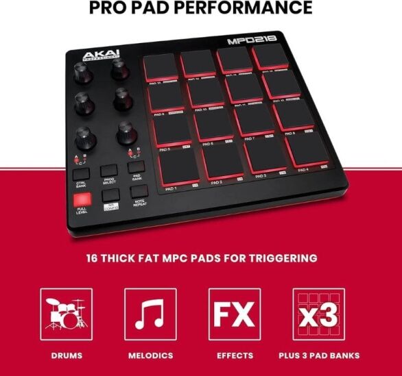 Akai Professional MPD218 UltraPortable USB BusPowered 16Pad USB/MIDI Pad Controller with MPC Pads, 6 Assignable Knobs, Note Repeat & Full Level Buttons, and Production Software Package Included, Black