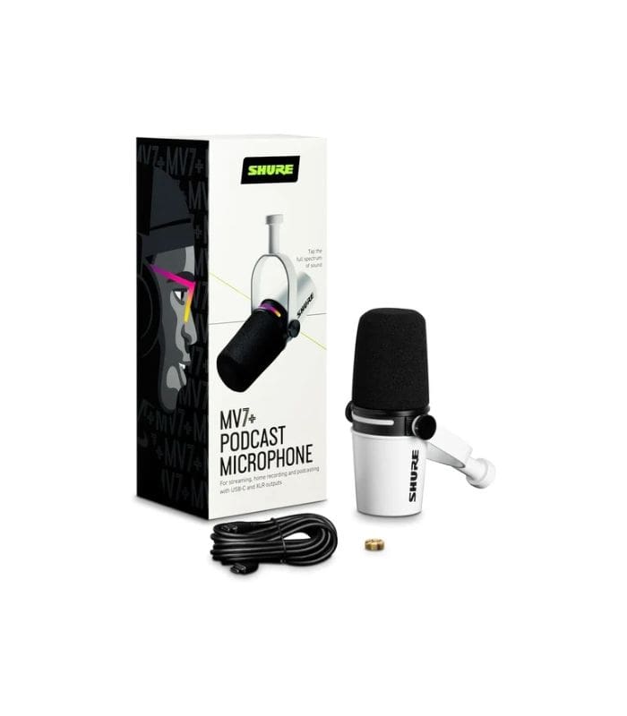 Shure MV7+ Podcast Microphone, Enhanced Audio, LED Touch Panel, USB-C & XLR Outputs, Auto Level Mode, Digital Pop Filter, Reverb Effects, Podcasting, Streaming, Recording - White