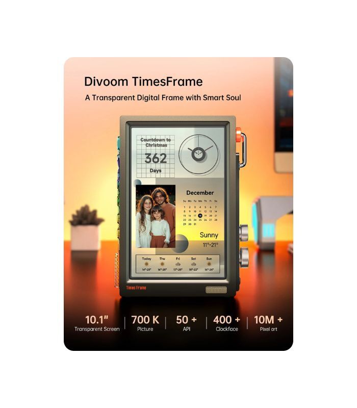Divoom Times Frame-10.1" Digital Picture Frame Transparent IPS Smart Linux OS with RGBLED Rotary Knob WiFi 64GB 400+Clock Faces Widget 50+API Feeds Gift Mode Pixel Art Community Personalized Display