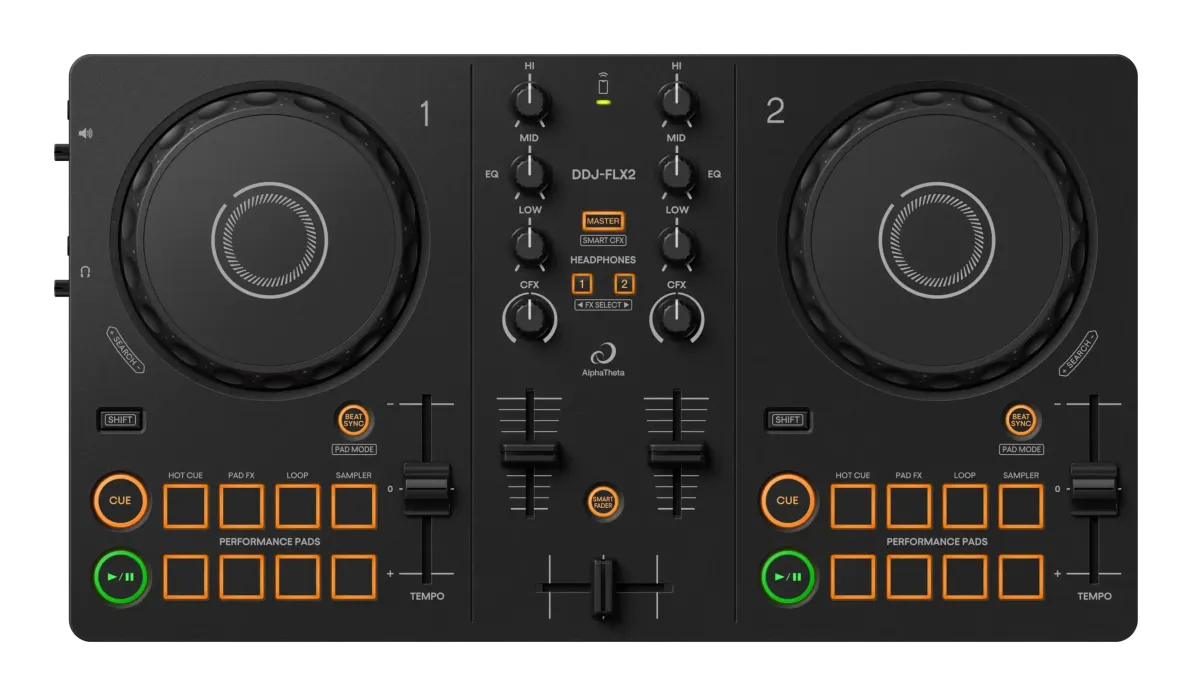 Smartphone and speaker setup Connect your smartphone/tablet to the DDJ-FLX2 via the USB Type-C cable. Play your mix through the speaker(s) connected to the DDJ-FLX2 via an audio cable. What you need ・Smartphone/tablet ・DDJ-FLX2 ・Speaker(s) (compatible with a wired connection) ・USB Type-C cable (included with the DDJ-FLX2)