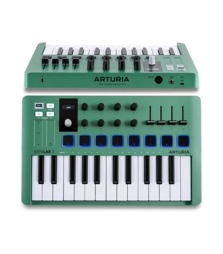 Minilab3-Mint-01 Arturia MiniLab 3 — Limited Edition Mint Green 25 Key USB MIDI Keyboard Controller With 8 Multi-Color Drum Pads, 8 Knobs and Music Production Software Included