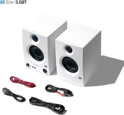 PreSonus Eris 3.5 BT 2nd Gen HD Professional Studio Monitors with 3.5" Woven Composite Woofer, 1" Silk-Dome Tweeter, 50W Class AB Power and Tuning Controls (Auxillary) - Pair (White)