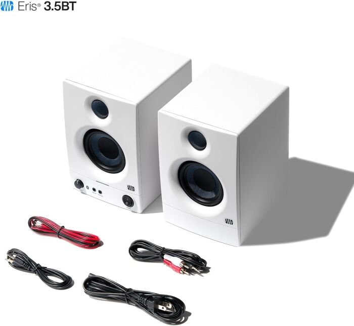 PreSonus Eris 3.5 BT 2nd Gen HD Professional Studio Monitors with 3.5" Woven Composite Woofer, 1" Silk-Dome Tweeter, 50W Class AB Power and Tuning Controls (Auxillary) - Pair (White)