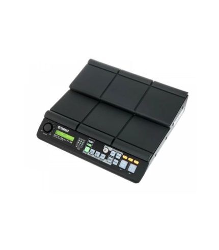 Close-up view of the Yamaha DTX-MULTI 12 electronic percussion pad, featuring 12 velocity-sensitive trigger pads in a compact split-level black design with illuminated controls, USB ports, and audio outputs for drummers and producers.