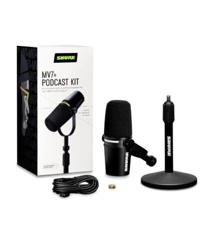 Shure MV7+ Podcast Microphone Bundle, Enhanced Audio, LED Touch Panel, USB-C & XLR Outputs, Auto Level Mode, Digital Pop Filter, Reverb Effects, Podcasting, Streaming, Recording - Black
