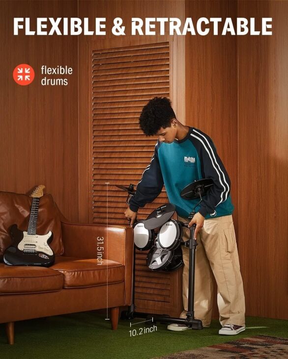 Donner DED-80 Electric Drum Kit, Electronic Drum Sets for Beginner with 4 Quiet Mesh Drum Pads, 2 Switch Pedal, 180+ Sounds, Throne, On-Ear Headphones, Sticks, and Melodics Lessons Included Black