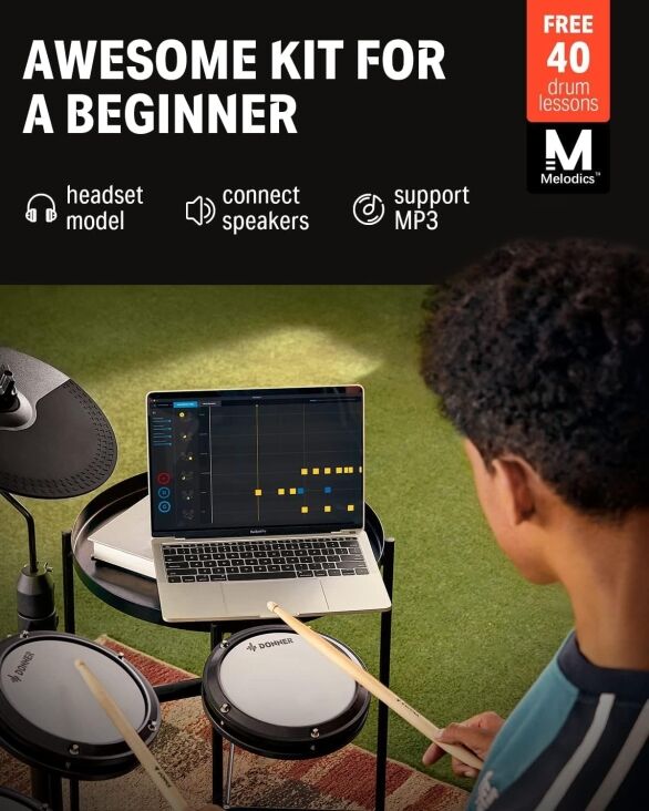 Donner DED-80 Electric Drum Kit, Electronic Drum Sets for Beginner with 4 Quiet Mesh Drum Pads, 2 Switch Pedal, 180+ Sounds, Throne, On-Ear Headphones, Sticks, and Melodics Lessons Included Black