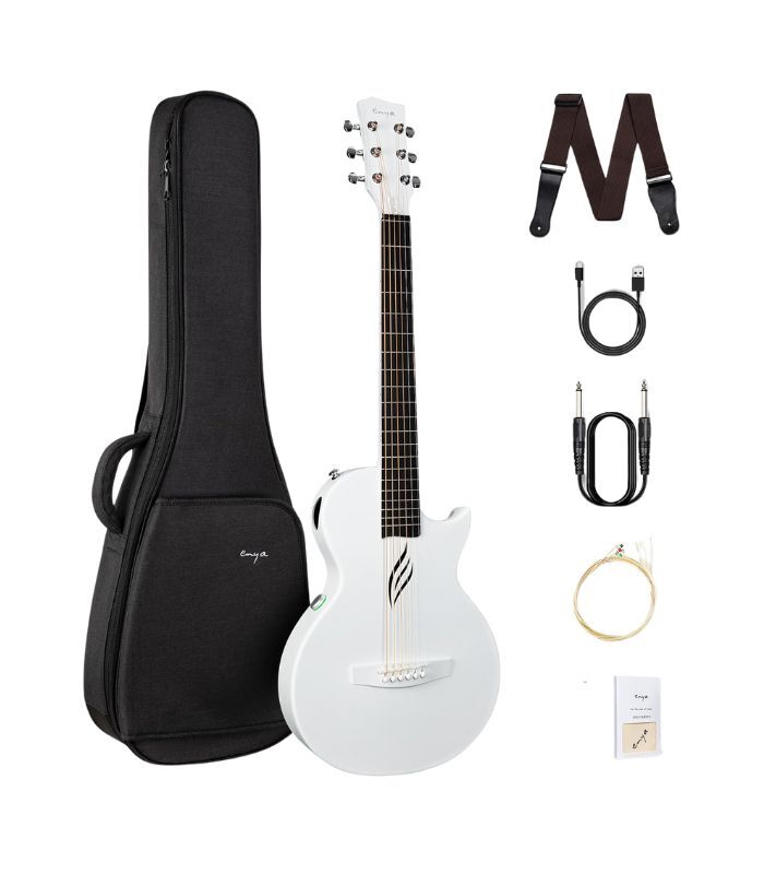 Enya NOVA Go SP1 Carbon Fiber Acoustic Electric Guitar with Smart AcousticPlus 35 Inch Travel Acustica Guitarra Starter Bundle Kit of Gig Bag, Strap, Strings, Charging Cable, Instrument Cable(