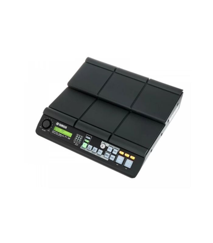 Close-up view of the Yamaha DTX-MULTI 12 electronic percussion pad, featuring 12 velocity-sensitive trigger pads in a compact split-level black design with illuminated controls, USB ports, and audio outputs for drummers and producers.